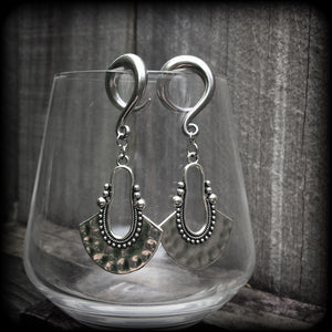 Tribal ear weights Artemis 2 gauge ear weights Antique silver half disc ear hangers Mandala Body jewelry 6g 2g 0g 00g 1/2” 9/16” 5/8” 1” 1.10" 1.18" Body jewelry Boho earrings Gypsy earrings Moss goth Gauged earings Stretched ears Stretched lobes