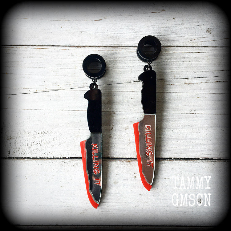 Kitchen knife tunnel earrings Halloween tunnel earrings Real life crime Crime scene clean up True crime 4mm 6mm 8mm 10mm 12mm 14mm 16mm 19mm 22mm 25mm 28mm 30mm Body jewelry Horror movie Slasher movie Gauged earrings Stretched lobes Stretched ears 