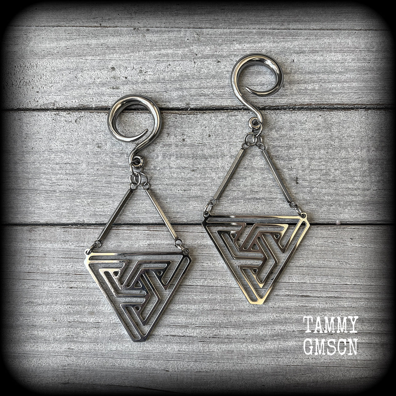 Triangle maze earrings Geometic earrings Geometric jewellery Geometric gauged earrings Optical illusion ear hangers MC Escher 6 gauge ear weights Stretched ears Stretched lobes Ear gauges 4mm 6mm 8mm 10mm 12mm 14mm 16mm 19mm 22mm 25mm 28mm 30mm