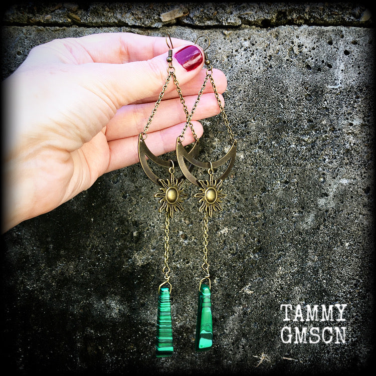 Temple of Dagon HP Lovecraft jewelry Esoteric jewelry Gemstone earrings Malachite earrings Sun and moon earrings Shoulder dusters Pierced ears Stretched lobes Ancient Ones
