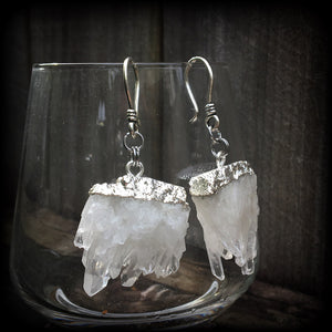 Clear raw quartz ear hangers-Gauged earrings