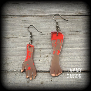 Zombie earrings Halloween earrings Zombie movie earrings Body parts Horror movie earrings Undead Vampire B movies Scream queen Body jewelry Hands Feet Body parts Flesh eating Cannibal movies Zombies Ghosts Supernatural Pierced ears Stretched lobes 