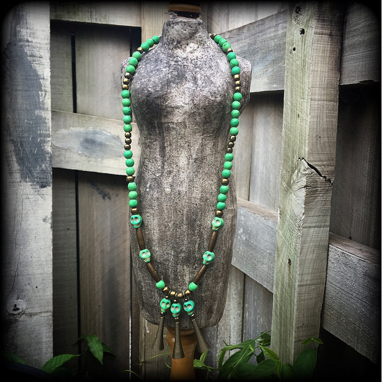 Stone skull and antique bronze necklace-Halloween necklace