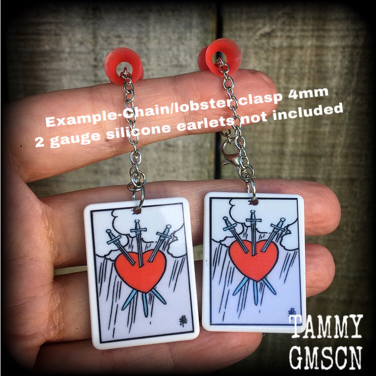 Three of swords tunnel earrings-Tarot card earrings