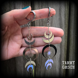 Moon ear weights Moon jewelry Witchy jewelry Witchy ear hangers Tribal sun earrings Occult jewelry Sun earrings Crescent moon earrings Ear gauges Ear jewelry Black Friday Spirals Cradles Saddles 4mm 6mm 8mm 10mm 12mm 14mm 16mm 19mm 22mm 25mm 28mm 30mm