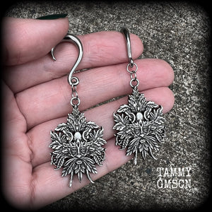 Greenman earrings Green man earrings Greenman jewelry Horned god Cernunnos jewelry Male god Stag god Folk horror Folk lore Mythology Mythological beasts Mythical Silver ear weights Ear hangers 4mm 6mm 8mm 10mm 12mm 14mm 16mm 19mm 22mm 25mm 28mm 30mm 