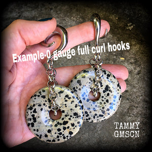 These Dalmatian Jasper gauged earrings have been made with chunky antique silver chain, measuring just under 10cms from tip to tip, and weighing 42 grams each

This pair has been made with 0 gauge (8mm) surgical steel full curls, for stretched lobes.