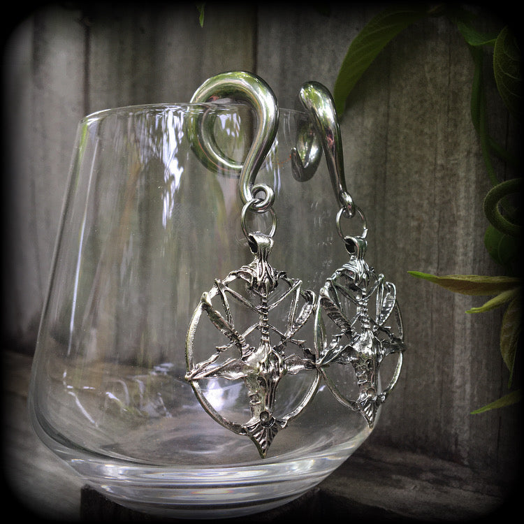 Antique silver Baphomet gauged earrings-Occult ear hangers