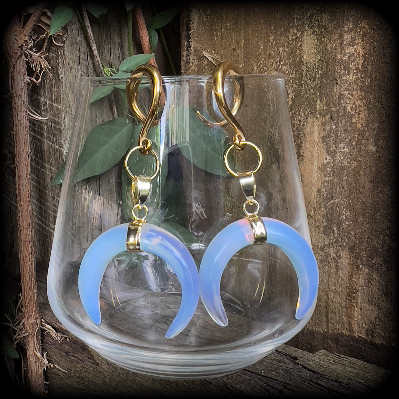 Opalite crescent moon gauged earrings