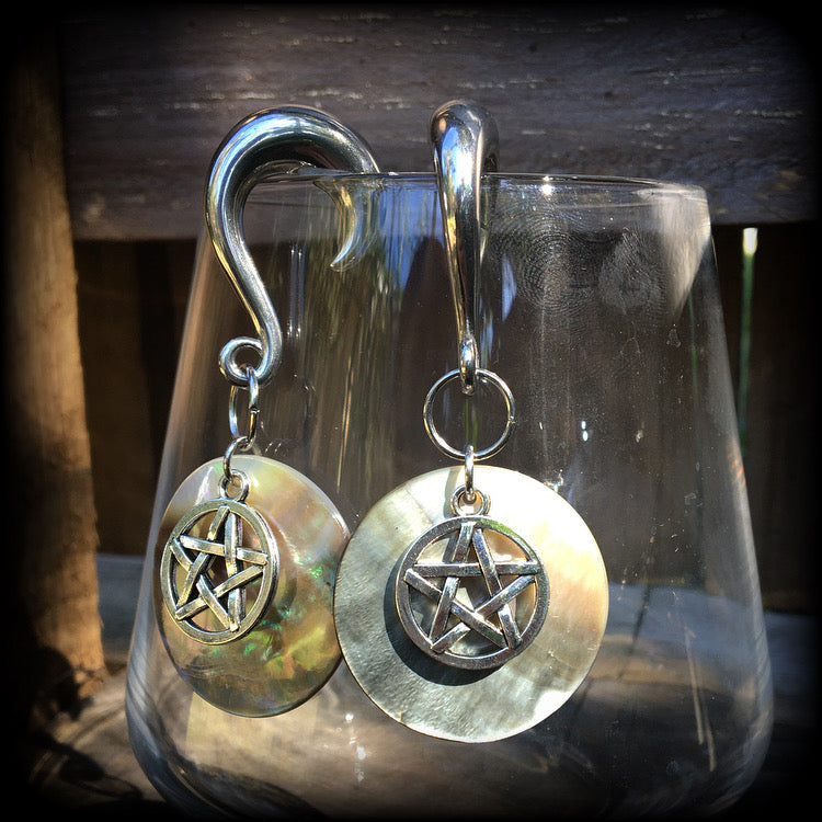 Mother of Pearl and pentagram gauged earrings-Shell earrings