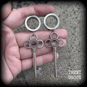 Large Antique silver key tunnel earrings