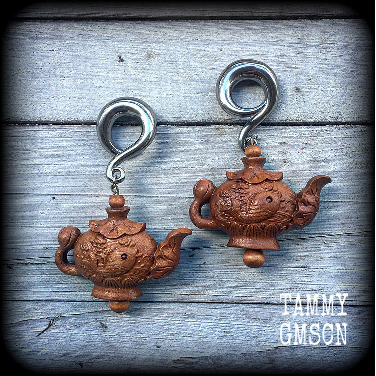 Carved wood teapot ear weights-Gauged earrings