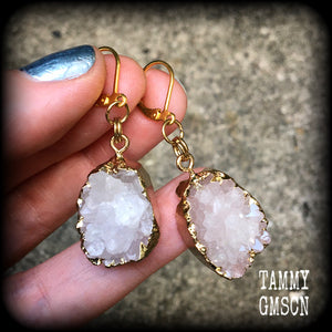 White druzy earrings-Quartz earrings