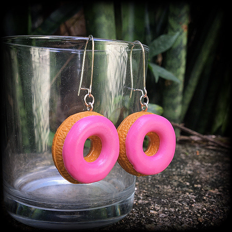 Pink iced doughnut earrings-Donut earrings