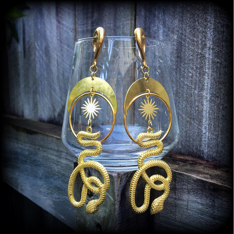 Snake and crescent moon gauged earrings