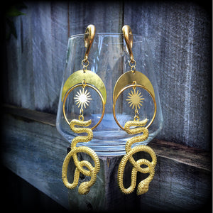 Snake and crescent moon gauged earrings