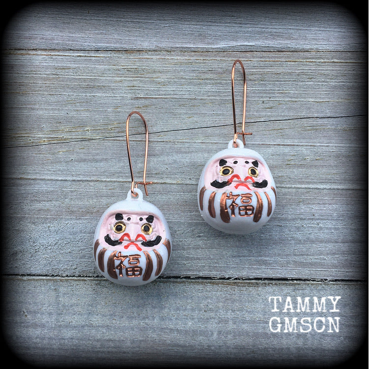 White daruma earrings Daruma dolls Japanese dolls Japanese earrings Daruma ear hangers Daruma ear weights Unique ear weights Stretched ears Stretched lobes Ear gauges Pierced Gauged earrings 4mm 6mm 8mm 10mm 12mm 14mm 16mm 19mm 22mm 25mm 28mm 30mm