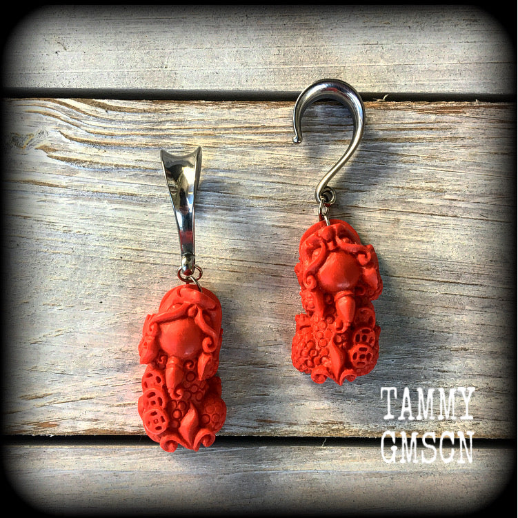 Gorgeous red cinnabar Pixiu gauged earrings available on a range of hooks and clasps for pierced ears and stretched lobes