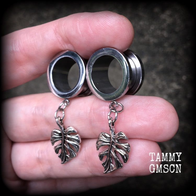 Monstera leaf tunnel earrings-Leafy tunnel dangles