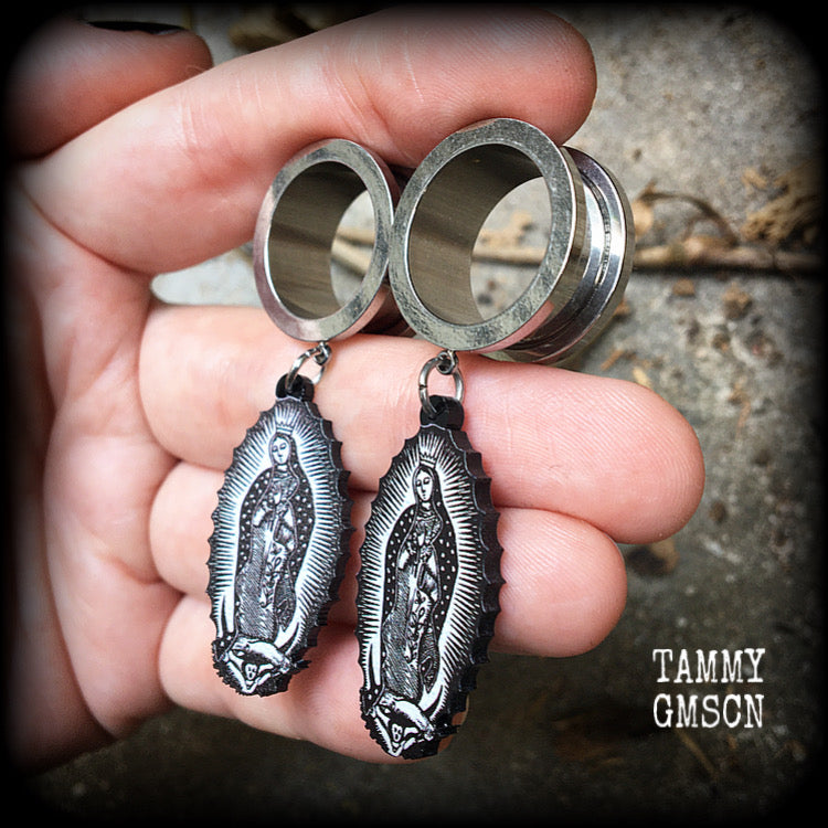 Lady of Guadalupe jewelry Lady of Guadalupe gauged earrings Sacred heart ear weights 16mm tunnels Tunnel earrings Tunnel dangles Ear hangers Body jewelry Religious jewelry Catholic jewellery 4mm 6mm 8mm 10mm 12mm 14mm 16mm 19mm 22mm 25mm Stretched lobes 