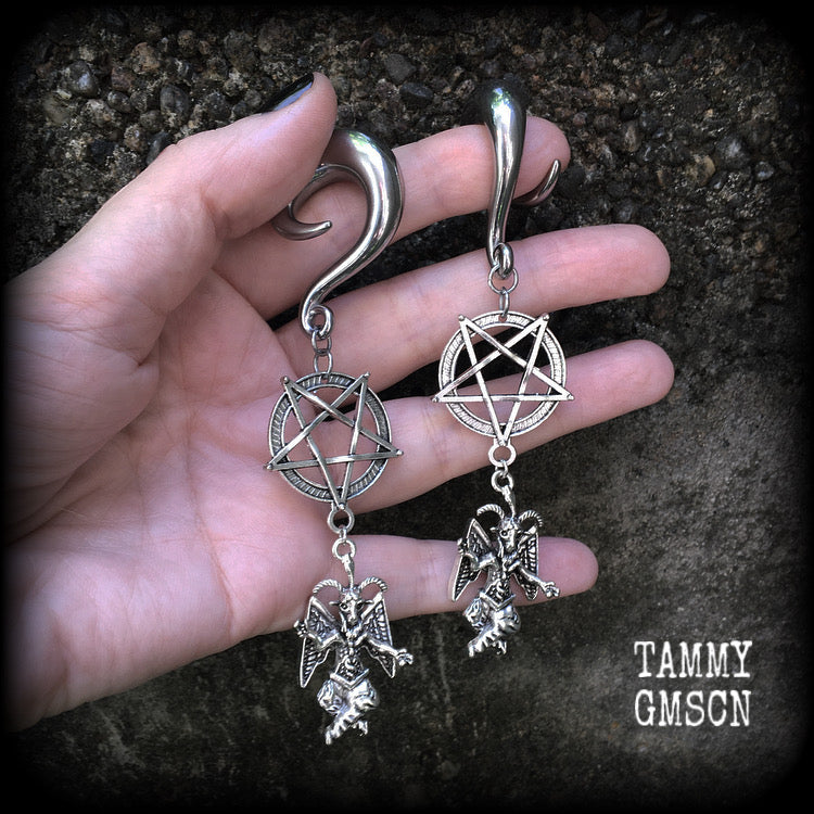 Baphomet and inverted pentagram gauged earrings