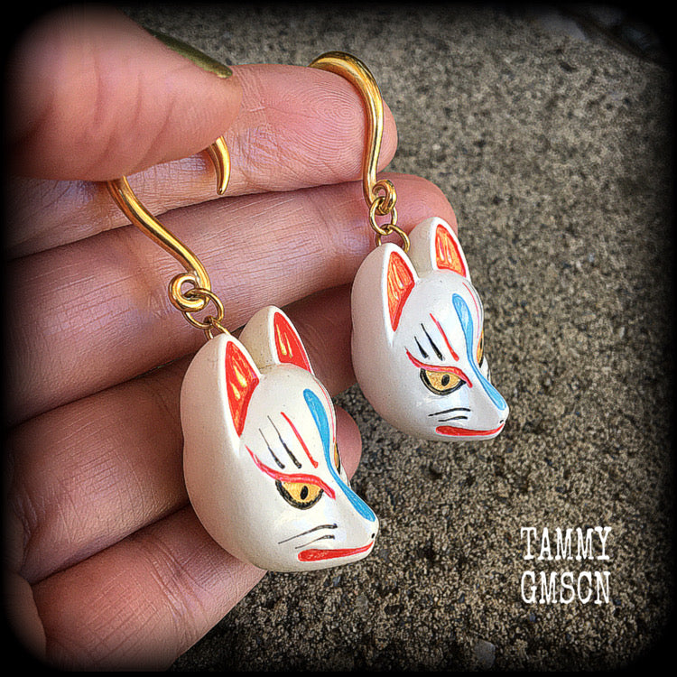 White kitsune gauged earrings-Wood earrings