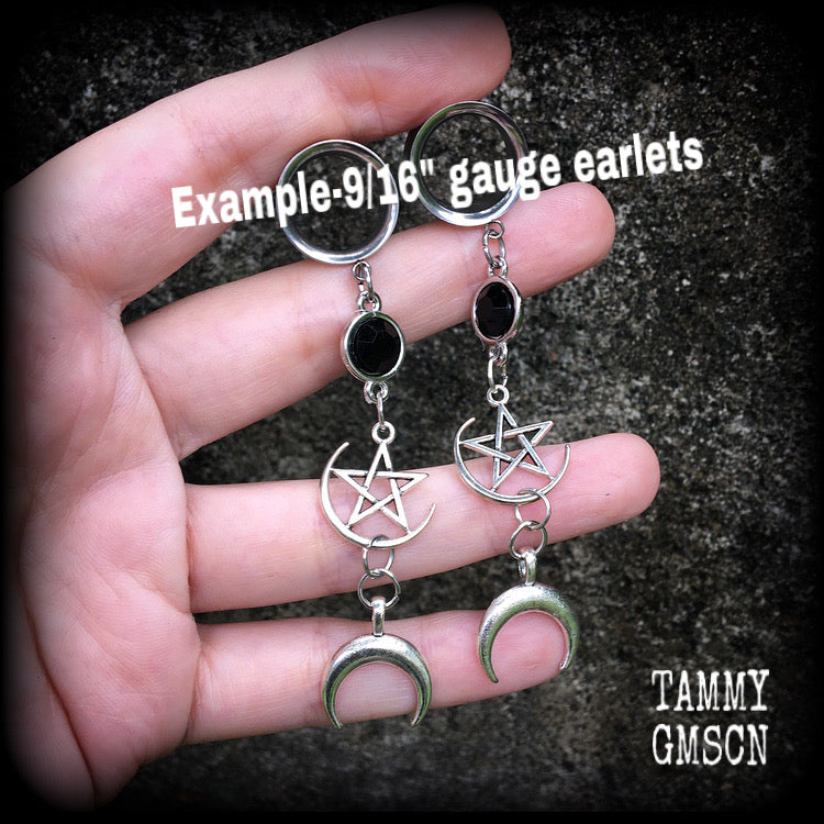 Crescent moon and pentagram tunnel dangles