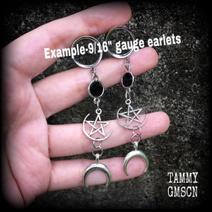 Crescent moon and pentagram tunnel dangles