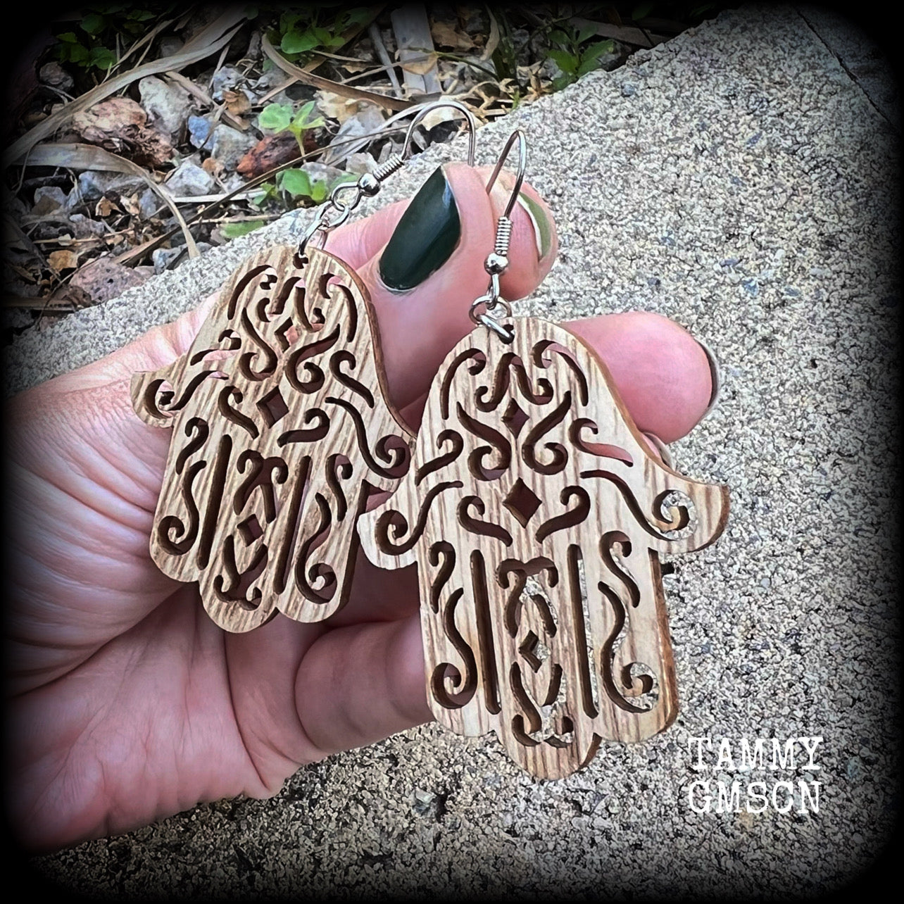 Hamsa hand earrings-Wood earrings