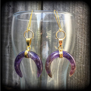 Amethyst earrings-Gemstone crescent moon earrings