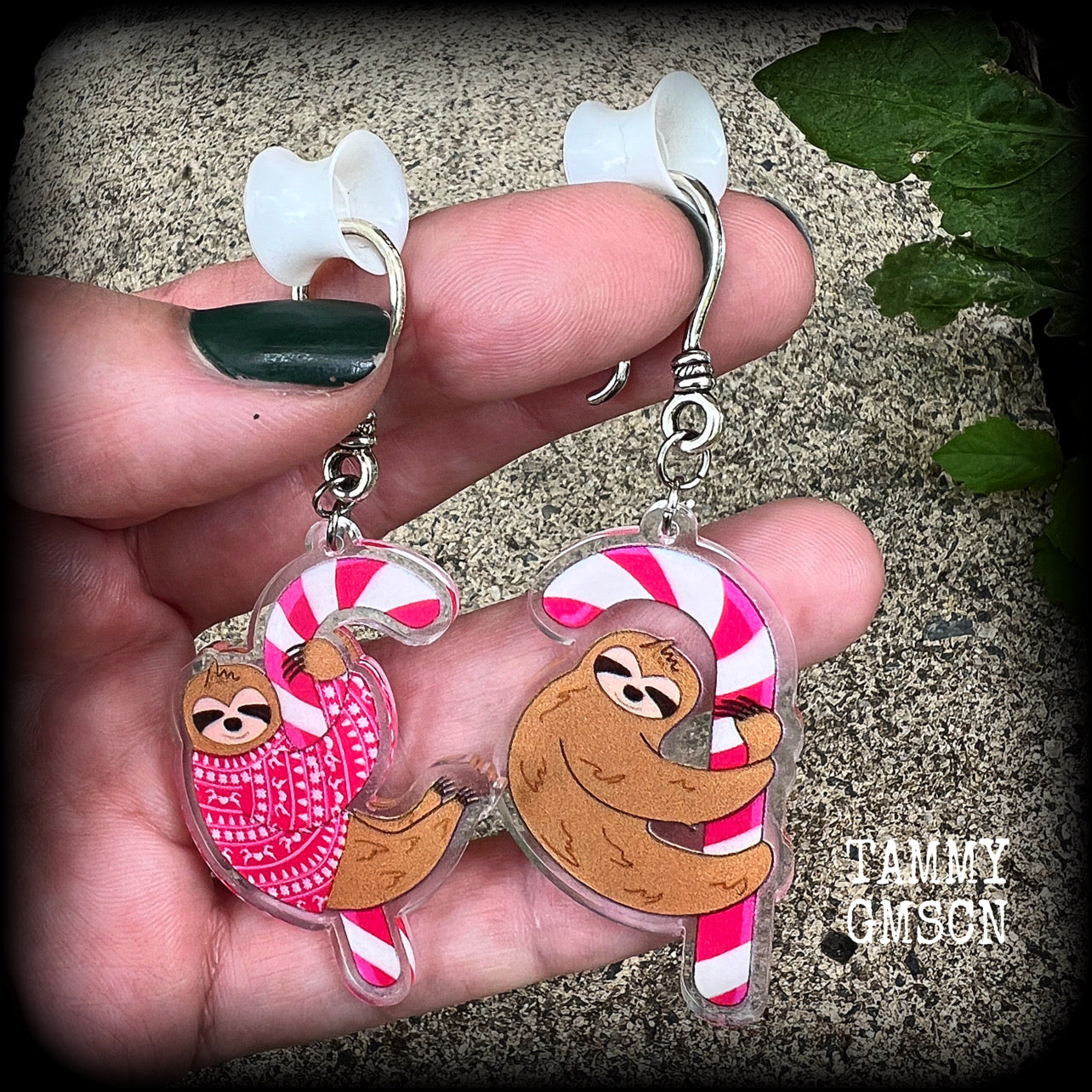 Sloth and Candy cane Christmas earrings