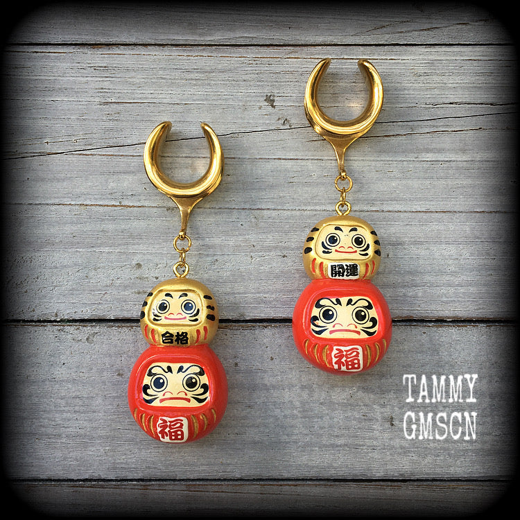 Red daruma earrings Gold daruma earrings Darumas Japanese dolls Japanese earrings Daruma ear hangers Daruma ear weights Unique ear weights Stretched ears Stretched lobes Gauges Gauged earrings 4mm 6mm 8mm 10mm 12mm 14mm 16mm 19mm 22mm 25mm 28mm 30mm 