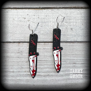 Horror punk earrings Kitchen knife earrings Halloween earrings Hunting knife earrings Bowie knife Pierced ears Ear gauges Horror punk jewelry Wednesday Fright night Horror movie Slasher movies Black Friday Real life crime Murderdolls Friday 13