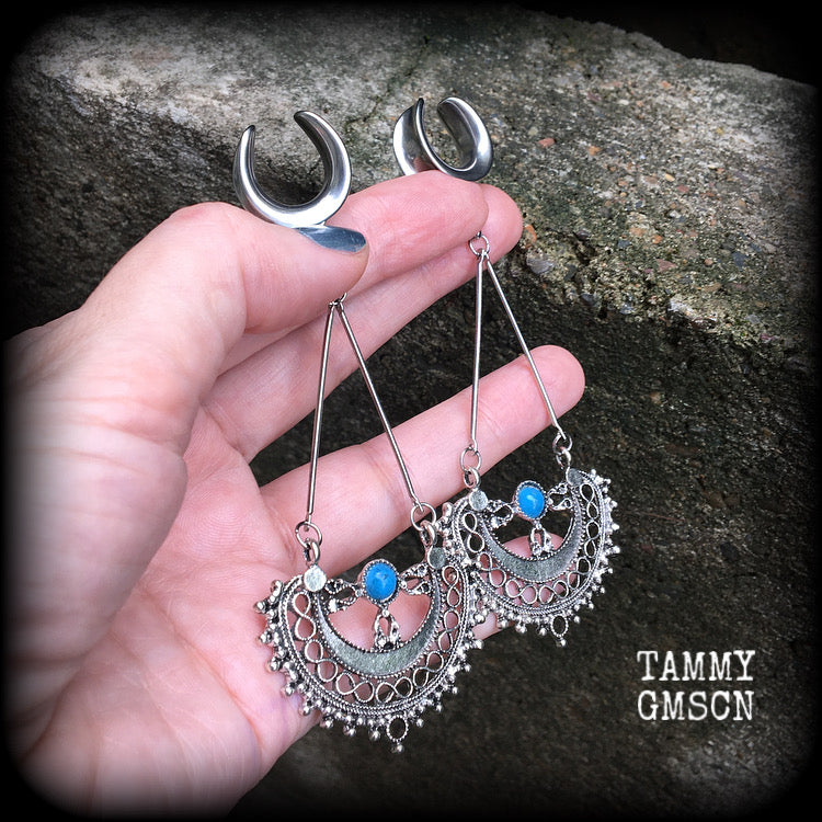 Mandala ear hangers-Turquoise gauged earrings