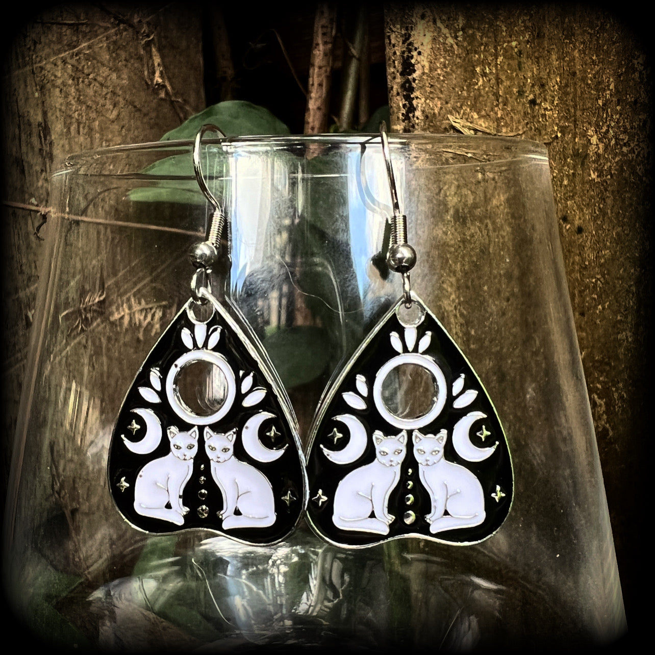 Occult cat planchette earrings-Silver