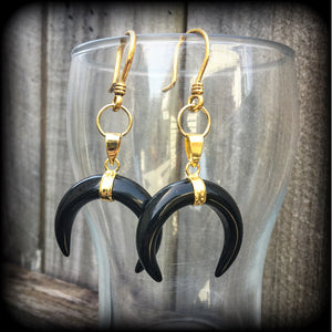 Black obsidian double horn earrings-Ear hangers