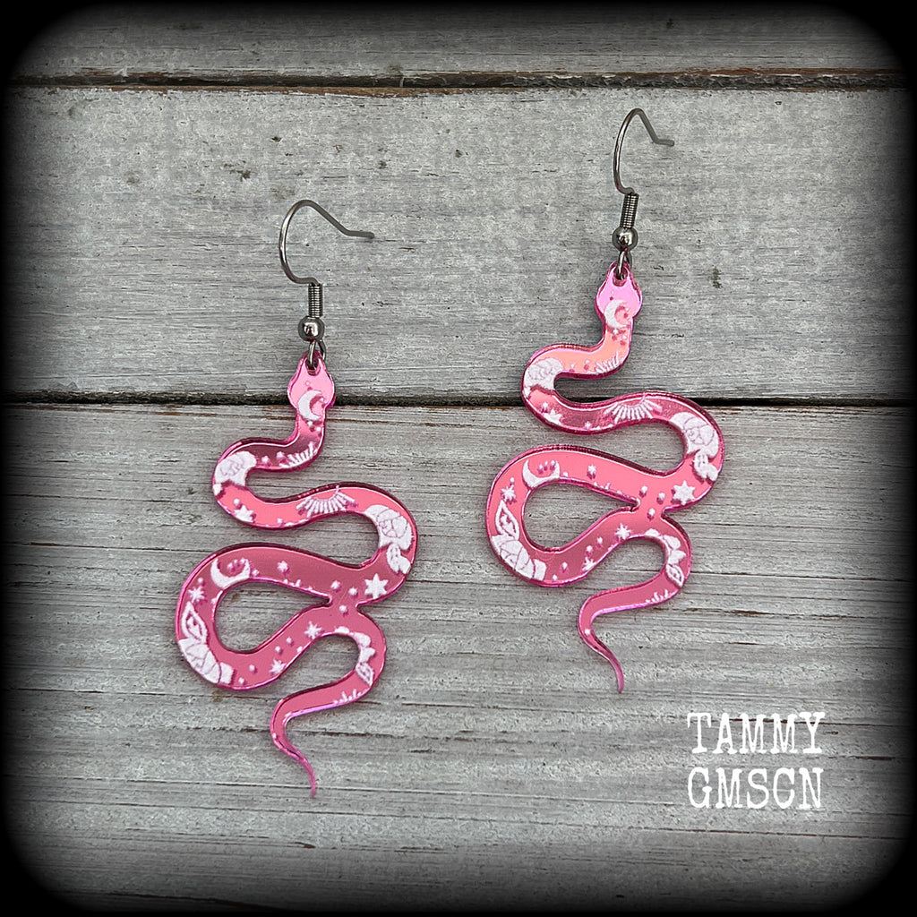 Pink snake earrings-Celestial earrings