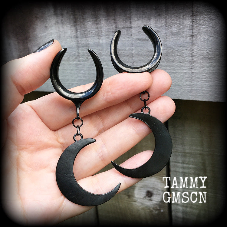 Black moon gauged earrings-Crescent moon