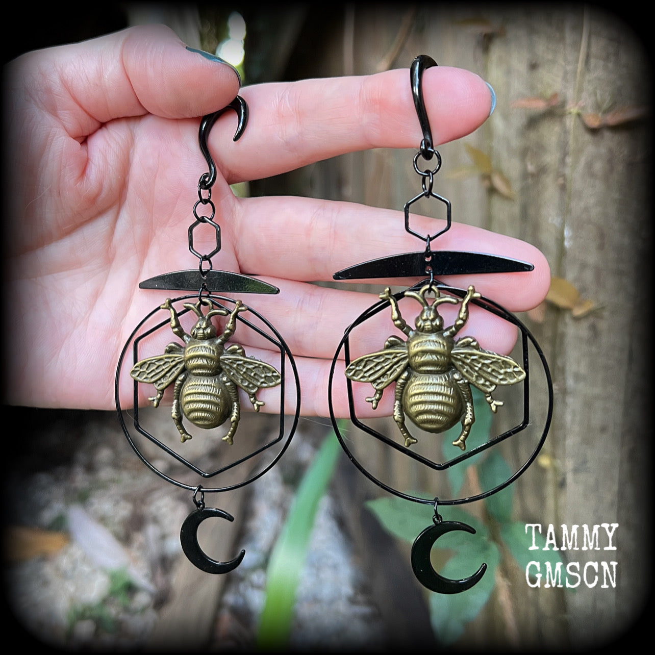 Geometric bee and moon gauged earrings