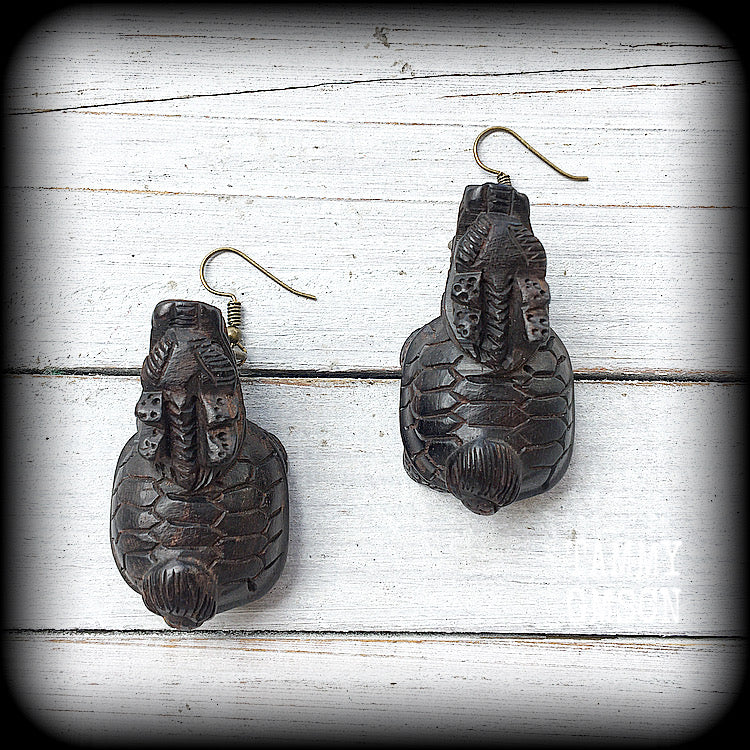 Dragon turtle earrings-Carved wood earrings