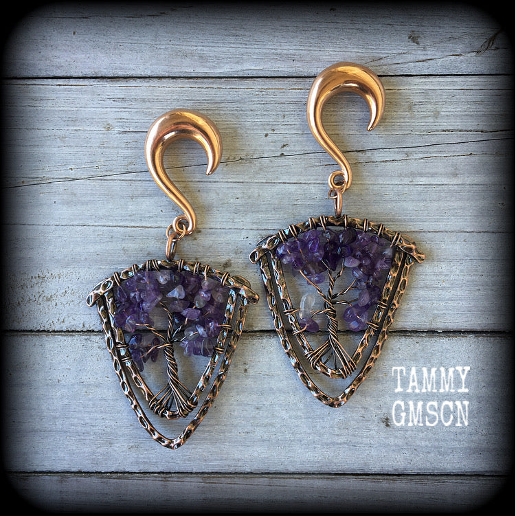 Amethyst Tree of Life gauged earrings