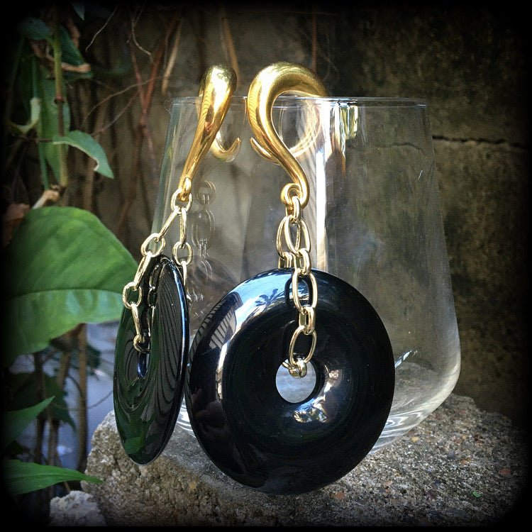 Black obsidian gauged earrings-Ear weights