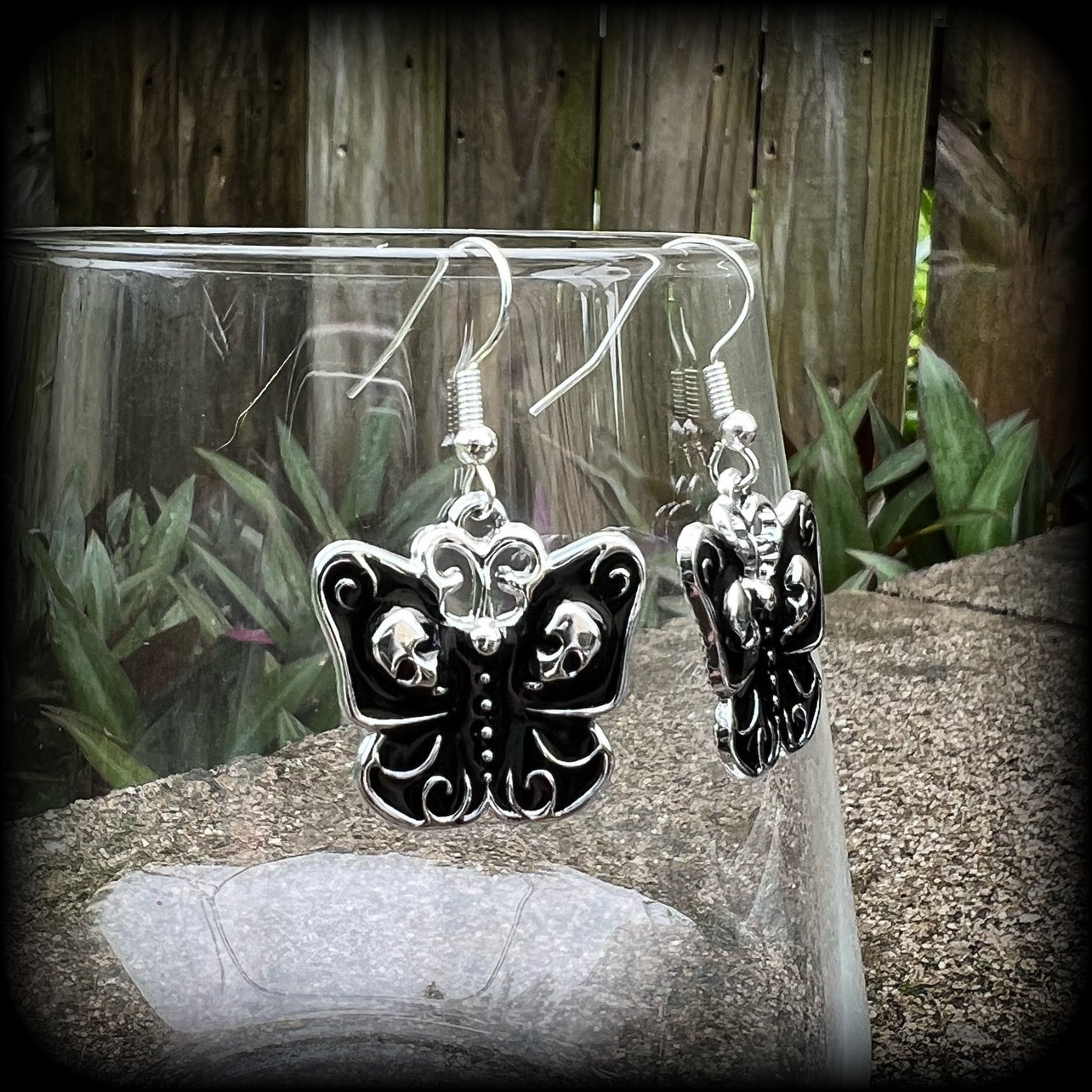 Skull butterfly earrings-Gothic earrings