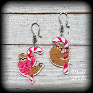 Sloth and Candy cane Christmas earrings