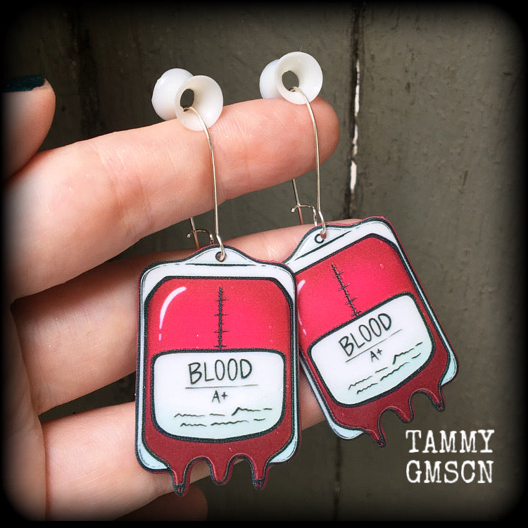 Blood bag earrings-Halloween earrings