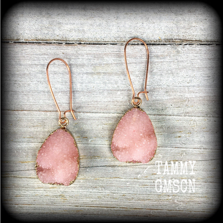 Pink Druzy earrings-Quartz earrings