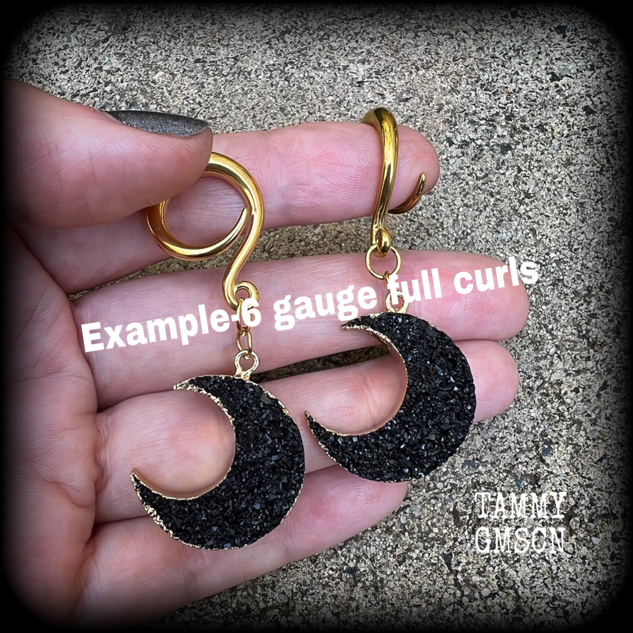 Black druzy crescent moon gauged earrings-Gemstone ear hangers