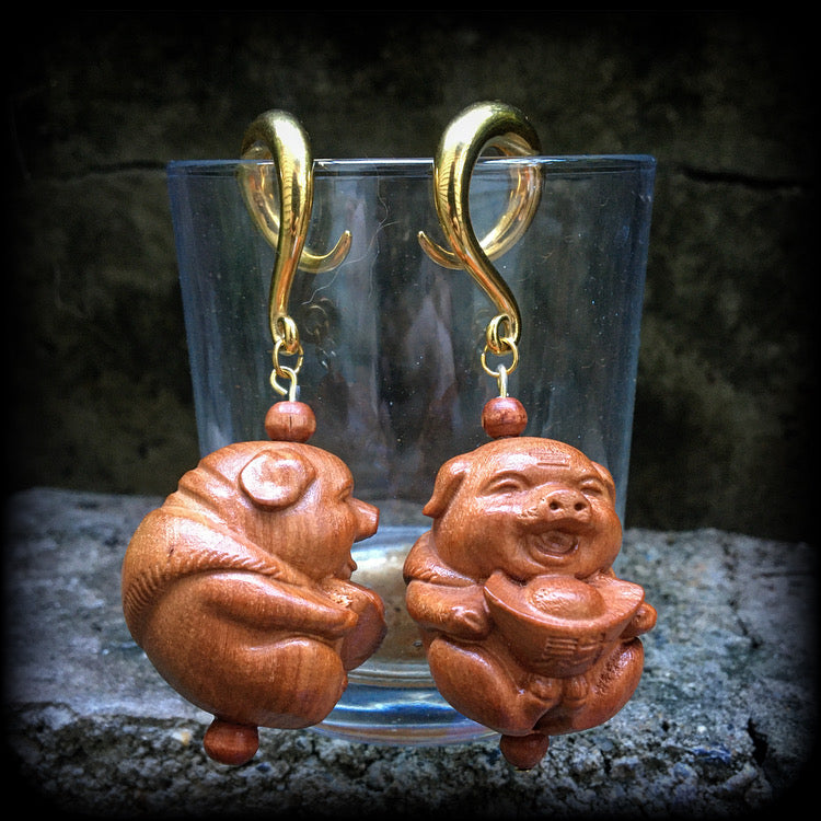 Carved wood pig earrings-Gauged earrings