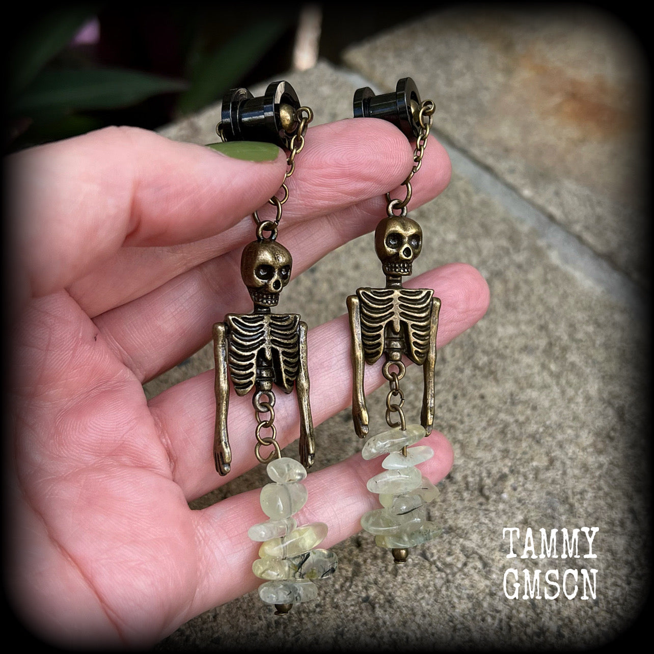 Bronze and Serpentine mermaid skeleton earrings