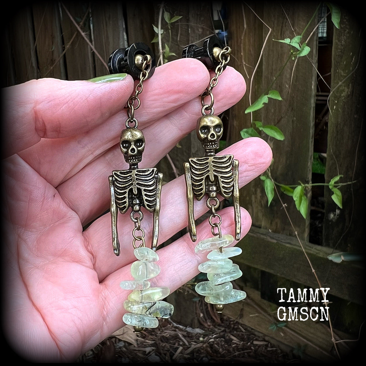 Bronze and Serpentine mermaid skeleton earrings